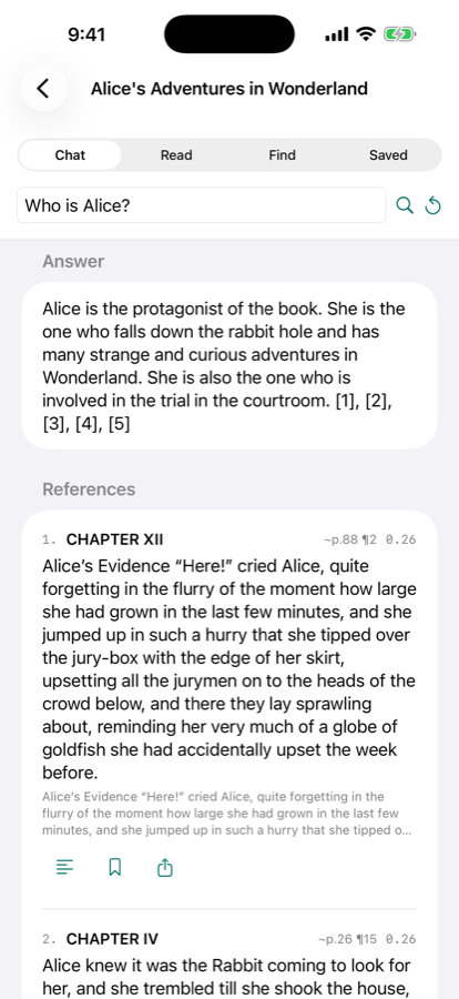 Asking a question and receiving an answer with cited source passages