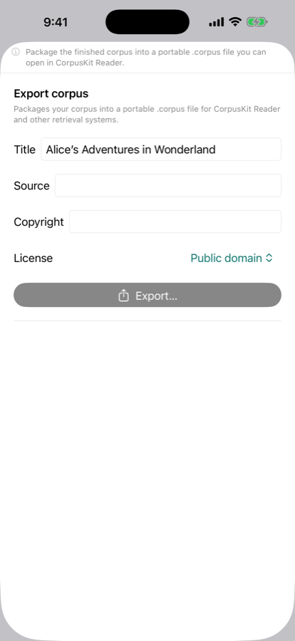 Export screen preparing a signed .corpus bundle