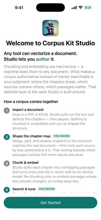 CorpusKit Studio onboarding, introducing the corpus building workflow