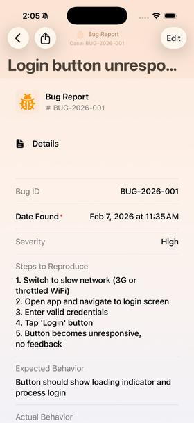 Bug report with severity, steps to reproduce, and expected behavior