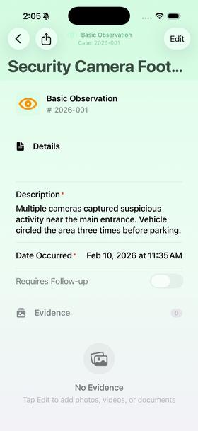 Security camera footage observation with details and evidence