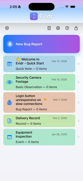 Evidr main incident list showing different case types