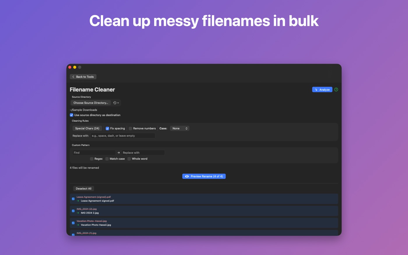 Filename cleaner previewing batch rename results before applying them