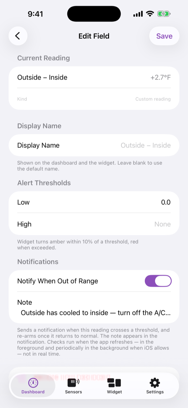 Threshold editor with a custom alert note
